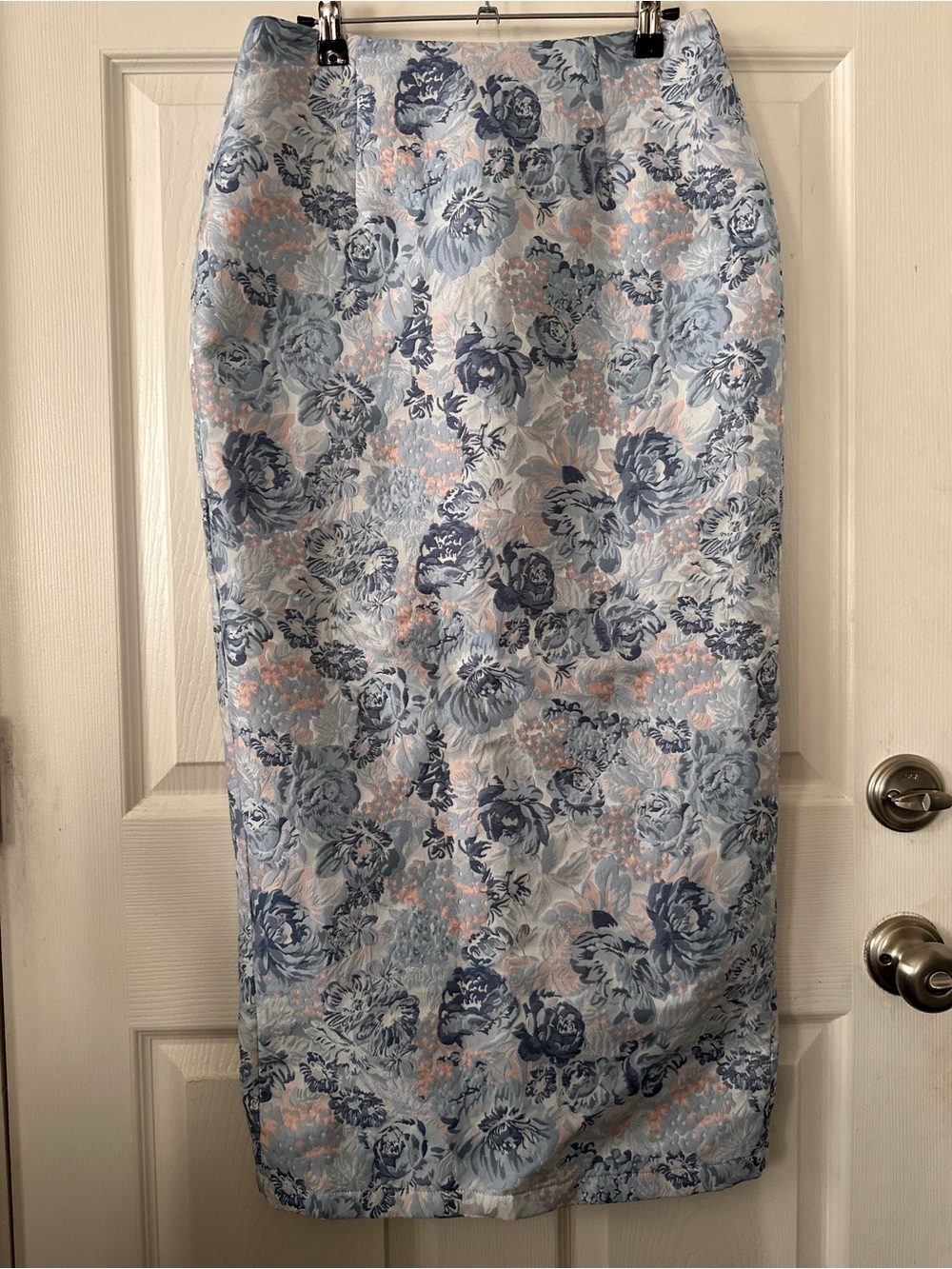 Floral Brocade Blue Midi Pencil Skirt - Women's Elegant Garden Print